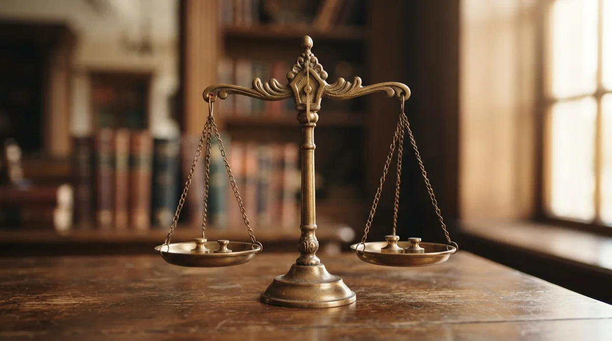 Close-up detail of classic brass scales of justice, perfectly balanced on a polished wooden surface, bathed in warm