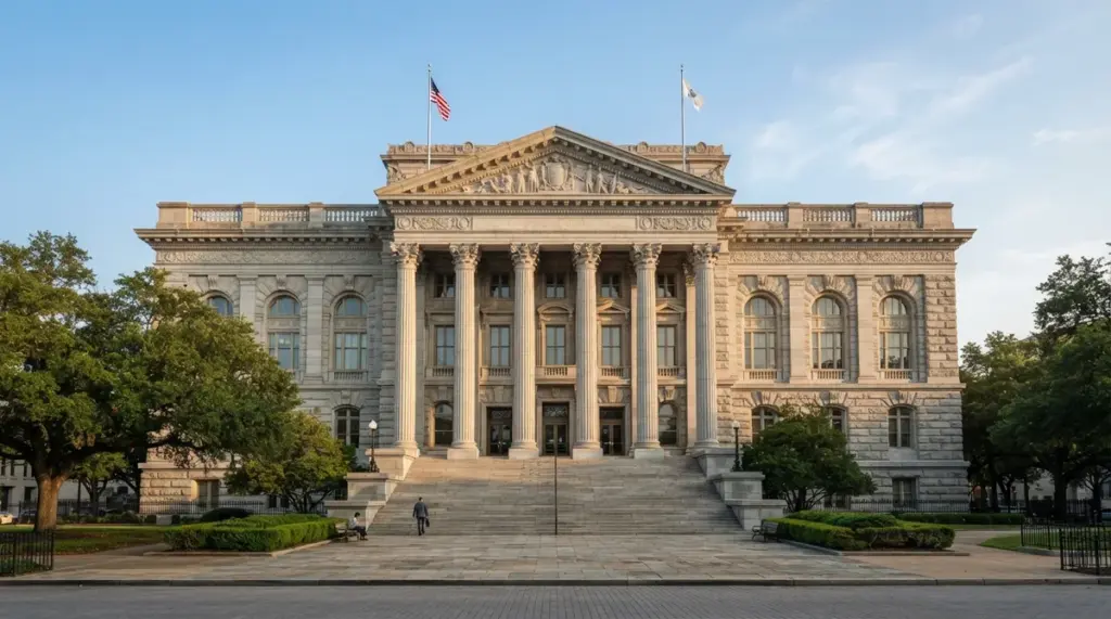 The Louisiana State Capitol building stands with grand columns and stone stairs beneath a clear blue sky