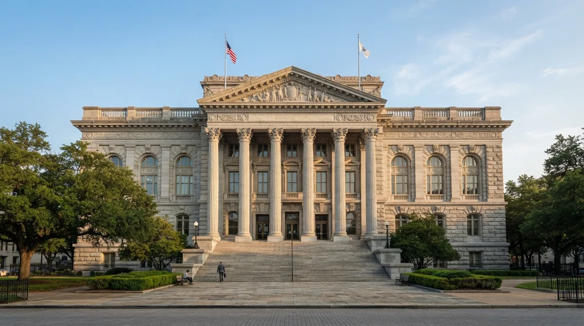 The Louisiana State Capitol building stands with grand columns and stone stairs beneath a clear blue sky