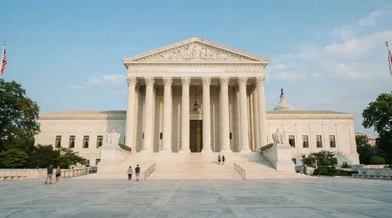 The United States Supreme Court building with its neoclassical columns, pediment, and wide staircase under a blue sky