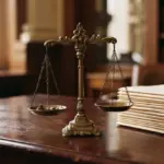Brass scales of justice on a wooden table beside a stack of papers in a law library