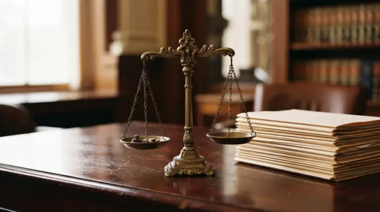 Brass scales of justice on a wooden table beside a stack of papers in a law library