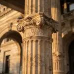 Fluted stone column with an ornate, carved capital standing in front of a classical building with arched entrances
