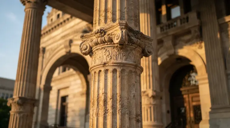 Fluted stone column with an ornate, carved capital standing in front of a classical building with arched entrances
