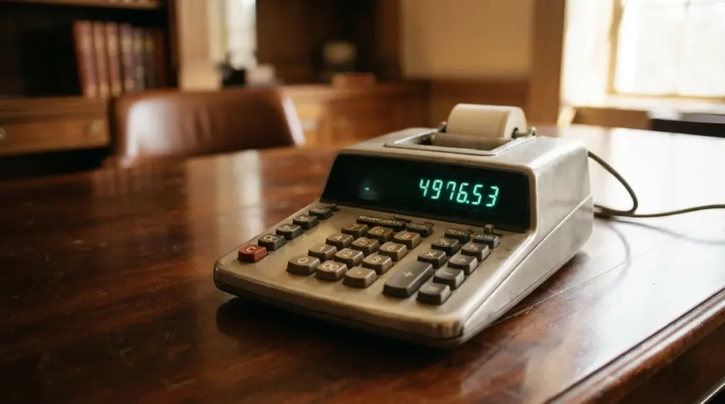 An antique electronic printing calculator showing the number 4976.53 on a wooden desk in a library-like room