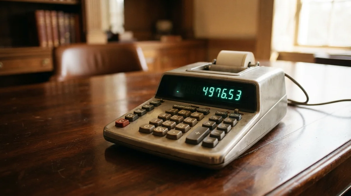 An antique electronic printing calculator showing the number 4976.53 on a wooden desk in a library-like room