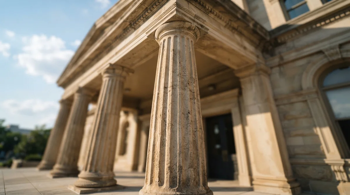 Stone columns support a pedimented porch at the entrance of a building
