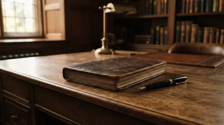 A closed leather-bound book and a fountain pen rest on an antique wooden desk in a library study