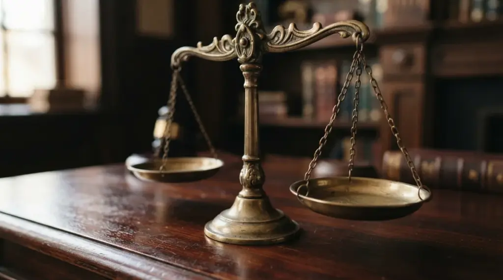 An ornate brass scale with two hanging pans sits on a dark wooden table in a library