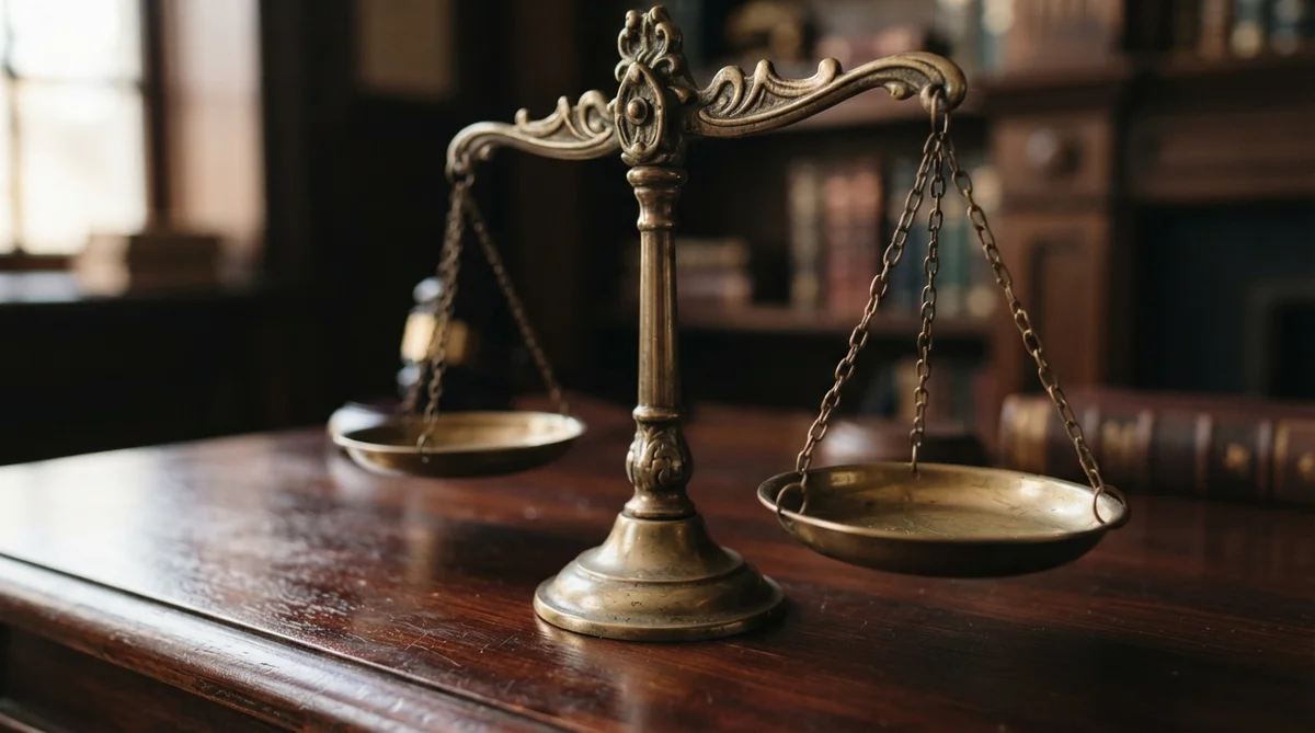 An ornate brass scale with two hanging pans sits on a dark wooden table in a library