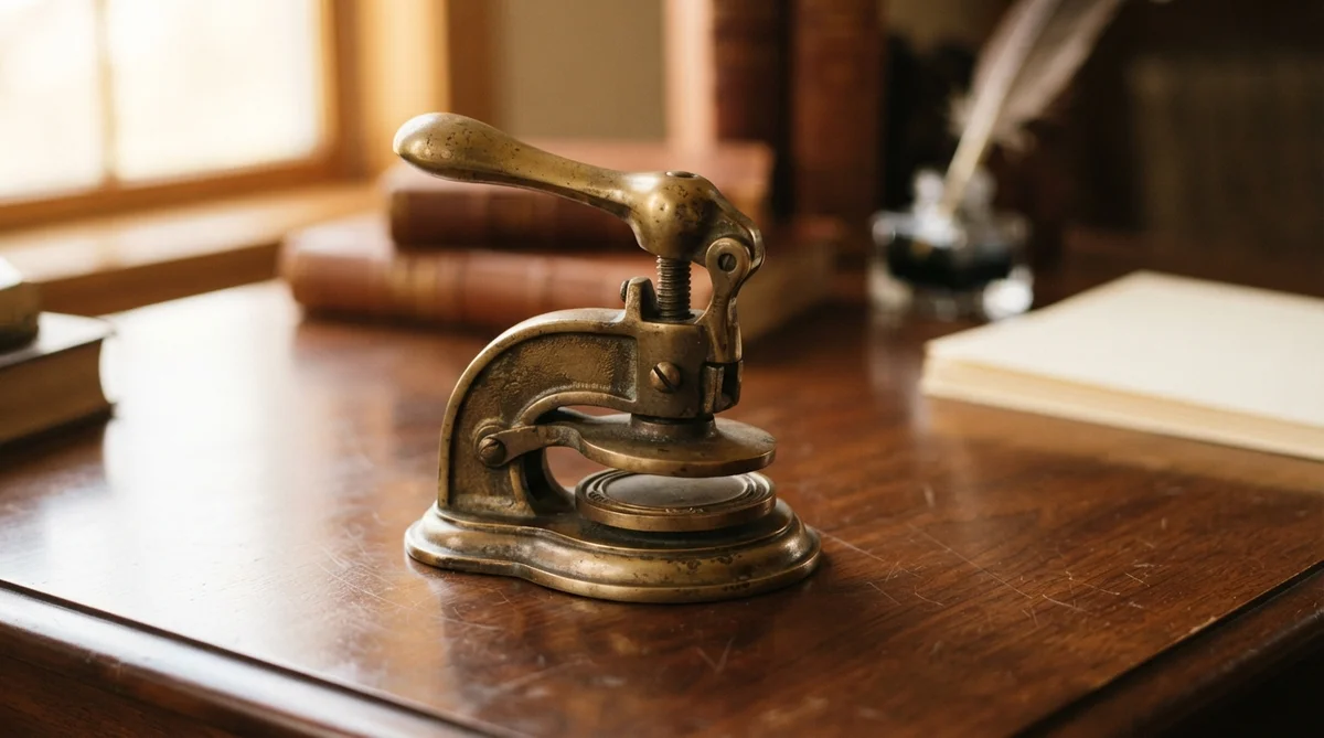 An antique brass embosser sitting on a dark wooden desk beside books and a quill pen