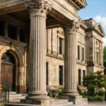 Classical building entrance featuring large stone columns and arched wooden doors on a city sidewalk