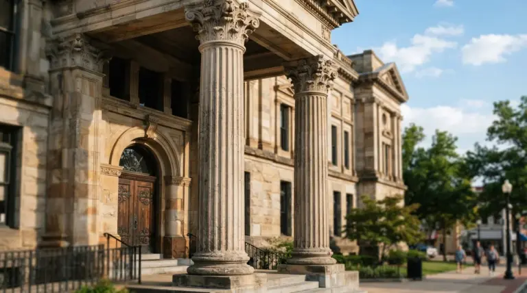 Classical building entrance featuring large stone columns and arched wooden doors on a city sidewalk