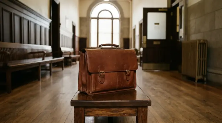 A brown leather briefcase rests on a wooden stool in a hallway with wooden benches and arched windows