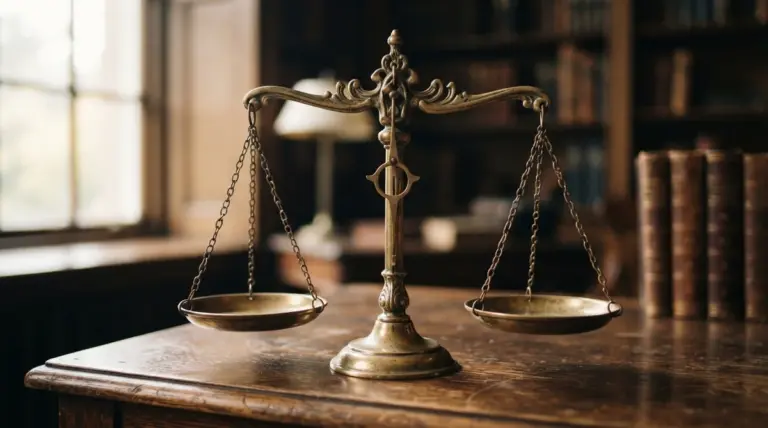 A brass balance scale stands on a wooden desk in a library with books in the background
