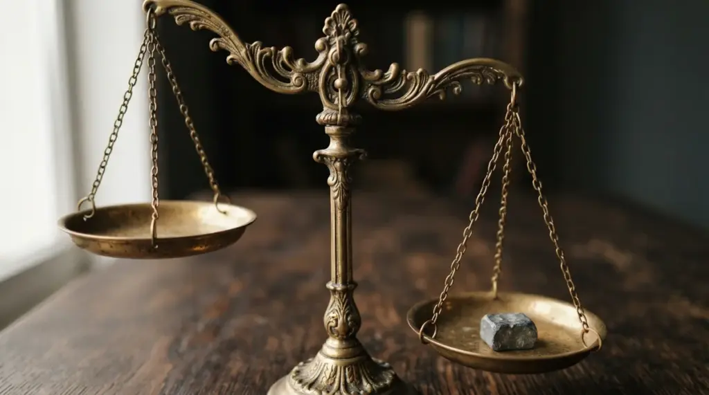 A brass balance scale with an empty left pan and a single stone resting on the right pan