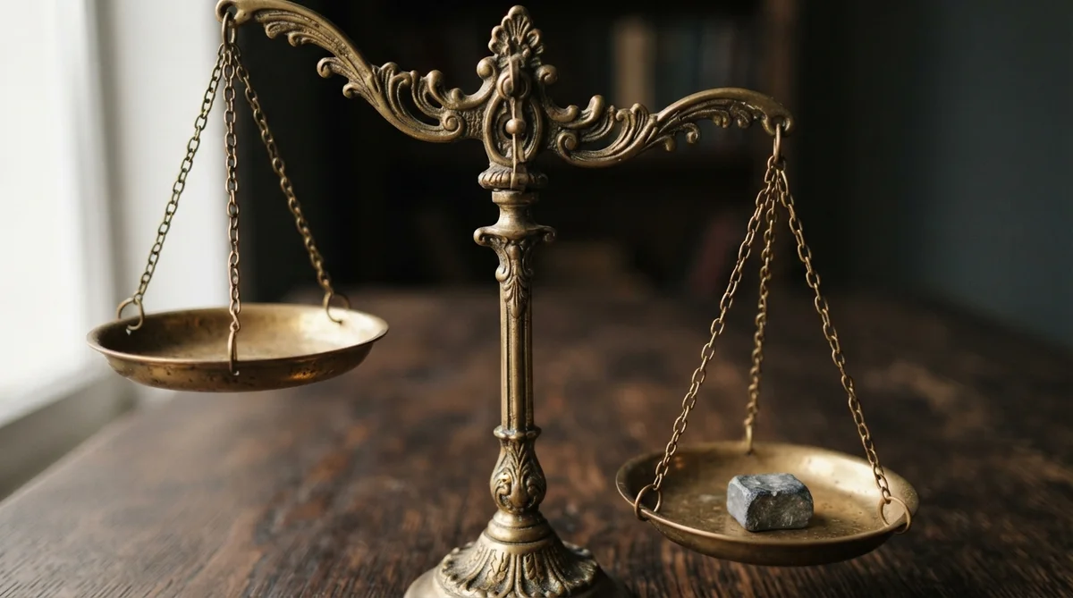 A brass balance scale with an empty left pan and a single stone resting on the right pan