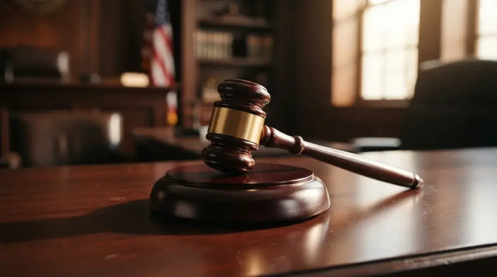 A polished wooden gavel rests on a gleaming dark legal block, centered on a pristine desk
