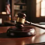 A polished wooden gavel rests on a gleaming dark legal block, centered on a pristine desk