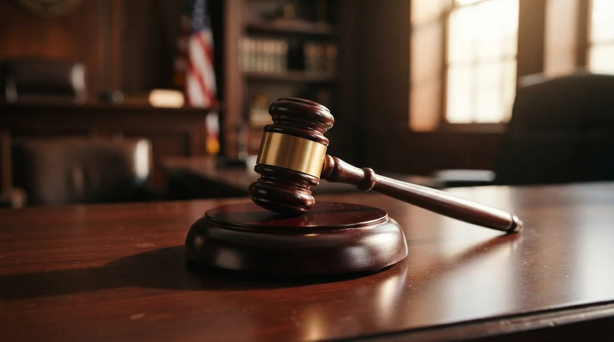 A polished wooden gavel rests on a gleaming dark legal block, centered on a pristine desk