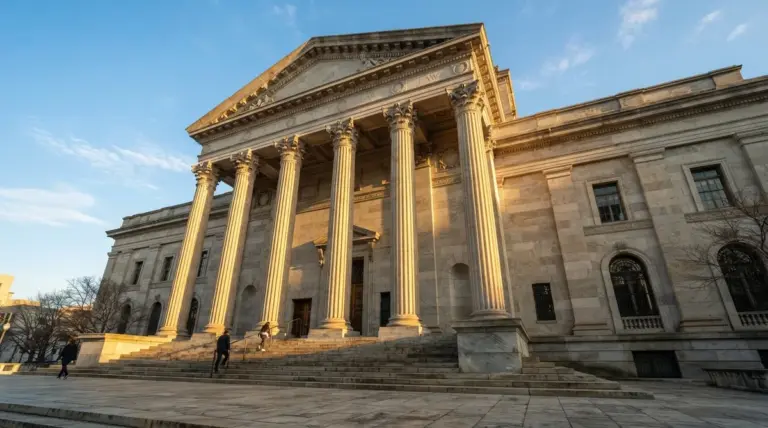A neoclassical stone courthouse with tall Corinthian columns stands above a wide set of stairs under a clear sky